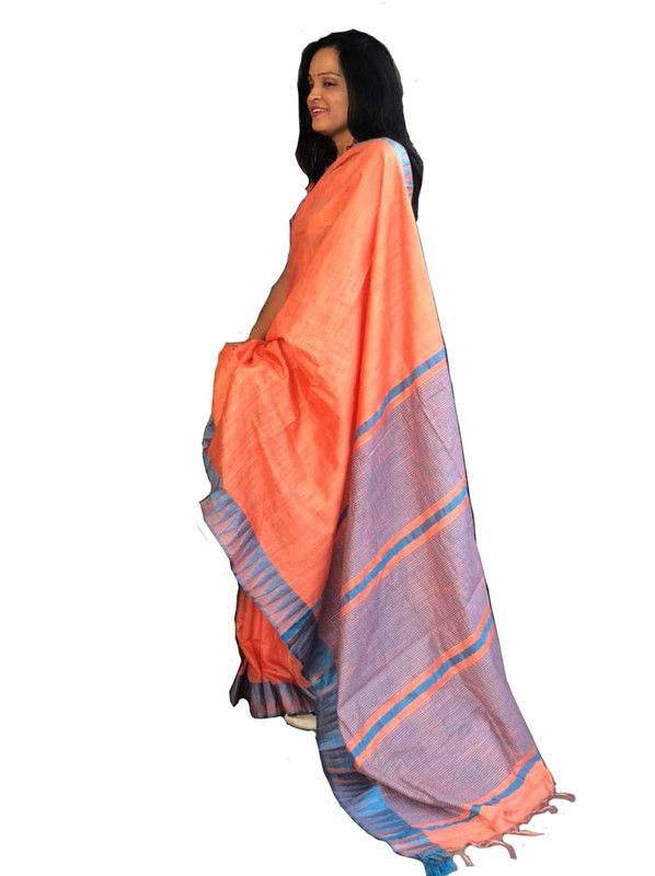 Bhagalpuri Handloom Kota Silk Temple Border Saree And Variation Of Colors With Striped Blouse Piece