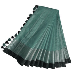 Sea Green Bhagalpuri Handloom women's Linen Slub Blend Saree With Black Pipin Contrast Blouse Piece