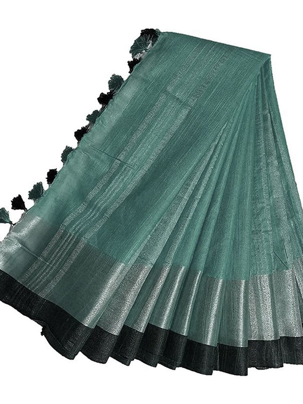 Sea Green Bhagalpuri Handloom women's Linen Slub Blend Saree With Black Pipin Contrast Blouse Piece