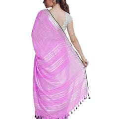 Orchid Magenta women's Bhagalpuri Handloom Cotton Linen Blend Saree With Contrast Unstiched Blouse Piece - View 4
