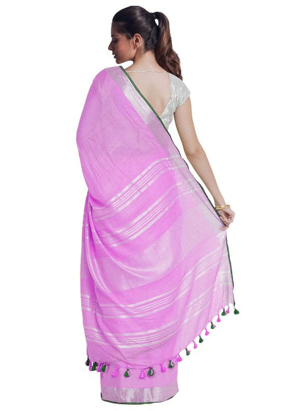 Orchid Magenta women's Bhagalpuri Handloom Cotton Linen Blend Saree With Contrast Unstiched Blouse Piece - View 4