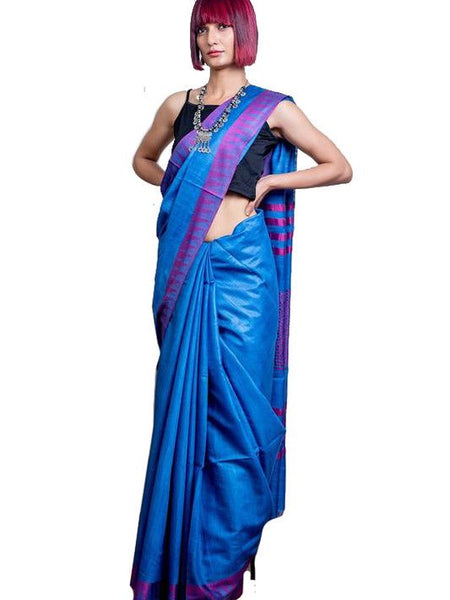 Electric Blue women's Bhagalpuri Handloom Kota Silk Temple Border Saree And Variation Of Colors With Striped Blouse Piece - View 3