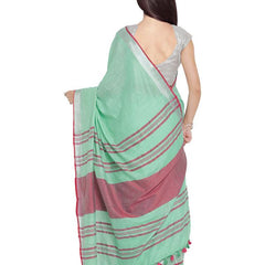 Aquamarine Turquoise-Pink women's Bhagalpuri Handloom Cotton Linen Blend Contrast Pallu Saree And Unstitched Contrast Blouse Piece - View 2