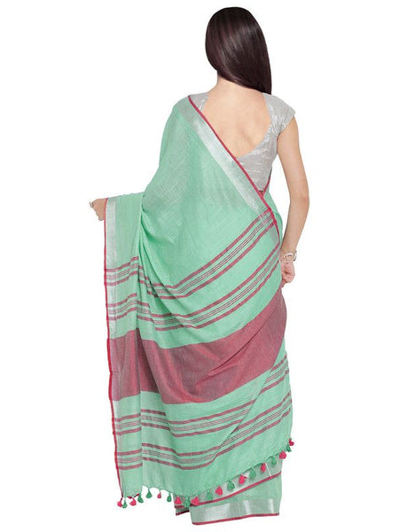 Aquamarine Turquoise-Pink women's Bhagalpuri Handloom Cotton Linen Blend Contrast Pallu Saree And Unstitched Contrast Blouse Piece - View 2