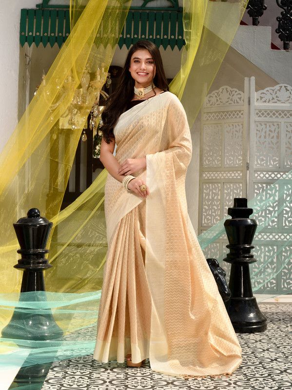 Cotton Tissue Silk Geometric Pattern Designer Saree (Ecru_Beige)