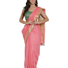 Flamingo Pink women's Bhagalpuri Handloom Cotton Linen Blend Saree With Contrast Unstiched Blouse Piece