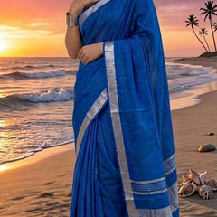 Handwoven Linen Blend Saree With Running Blouse Piece(Royal Blue)