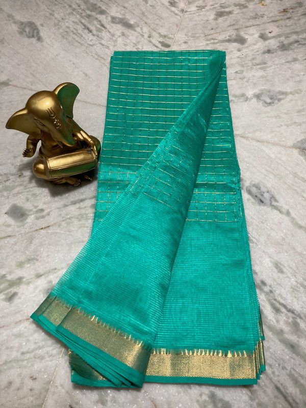 Bhagalpuri Handloom Cotton Silk Check Half Body Saree for women's (Turquoise)
