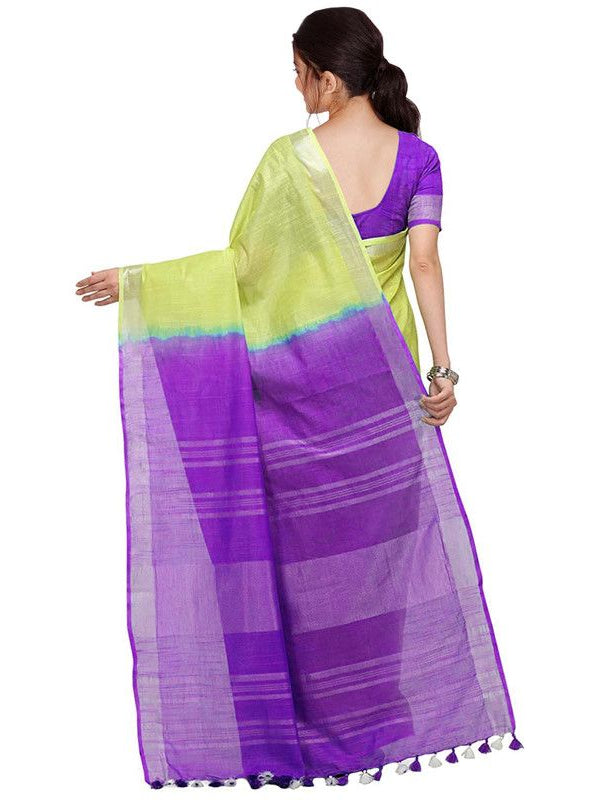 Lime Green & French Violet women's Handloom Bhagalpuri Cotton Slub Blend Two Dye Saree With Running Unstitched Blouse Piece - View 2