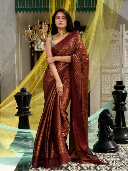 Maroon Red Cotton Tissue Silk Designer Handloom Bhagalpuri Saree - View 3