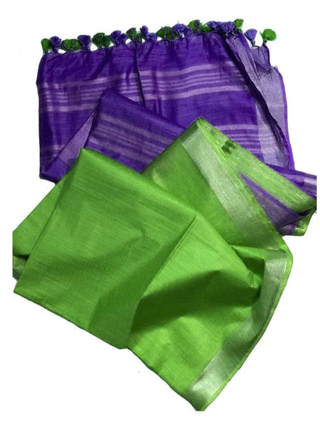 Rebecca Purple & Green women's Bhagalpuri Ethnic Wear Handloom Cotton Linen Slub Blend Zari Border Two Dye Saree With Running Unstitched Blouse Piece - View 3