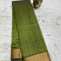 Cotton Silk Handloom Bhgalpuri Check Saree with Gold Zari Border for Women (100145 Apple_Green)