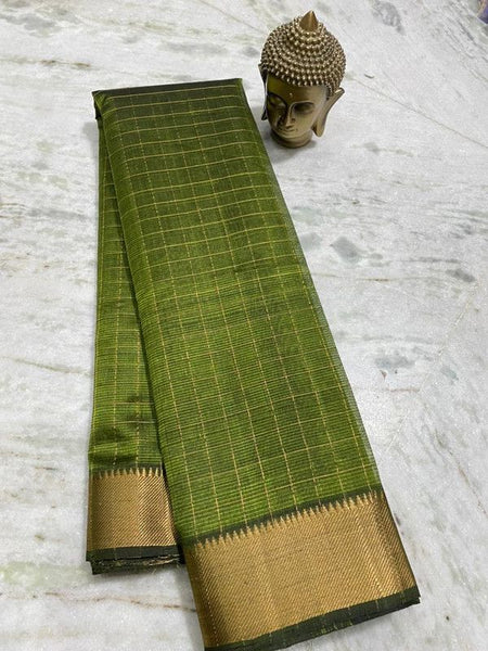Cotton Silk Handloom Bhgalpuri Check Saree with Gold Zari Border for Women (100145 Apple_Green)