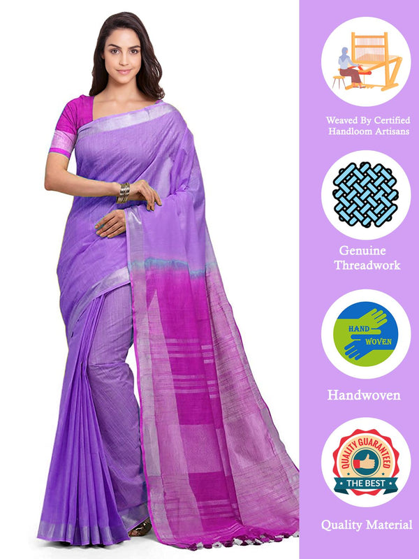 Lilac Purple & Wild Strawberry women's Bhagalpuri Handloom Linen Cotton Blend Two Dye Saree With Running Unstitched Blouse Piece - View 2