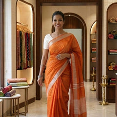 Handwoven Linen Blend Saree With Running Blouse Piece(Orange)