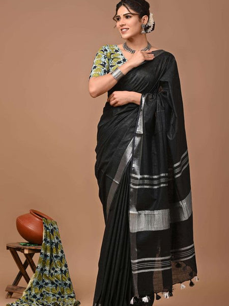 Linen Cotton Blend Handloom Bhagalpuri Saree with Zari Border (12781 Black)