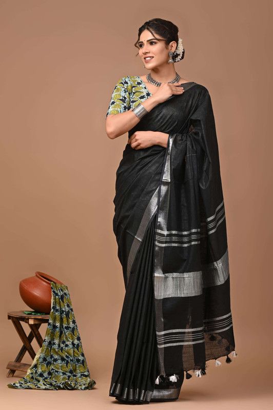 Linen Cotton Blend Handloom Bhagalpuri Saree with Zari Border (12781 Black)