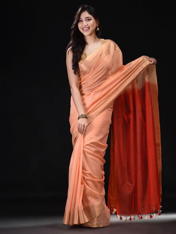 Handloom women'sBhagalpuri Tussar Munga Silk Blend Two Dye Saree (Aprict_Orange & Terry_Red) - View 4