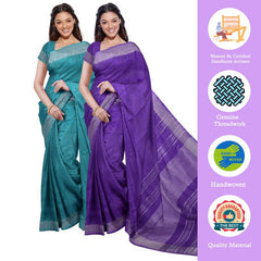 Cyan & French Violet women's Bhagalpuri Handloom Cotton-Linen Blend Saree Combo (Pack Of 2) With Running Unstiched Blouse Piece - View 2