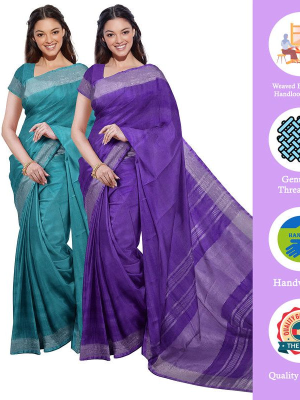Cyan & French Violet women's Bhagalpuri Handloom Cotton-Linen Blend Saree Combo (Pack Of 2) With Running Unstiched Blouse Piece - View 2