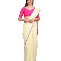 Handloom Linen Cotton Blend Contrast Pallu Bhagalpuri Saree for Women (Creame-Pink) - View 2