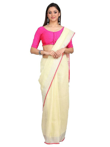 Handloom Linen Cotton Blend Contrast Pallu Bhagalpuri Saree for Women (Creame-Pink) - View 2