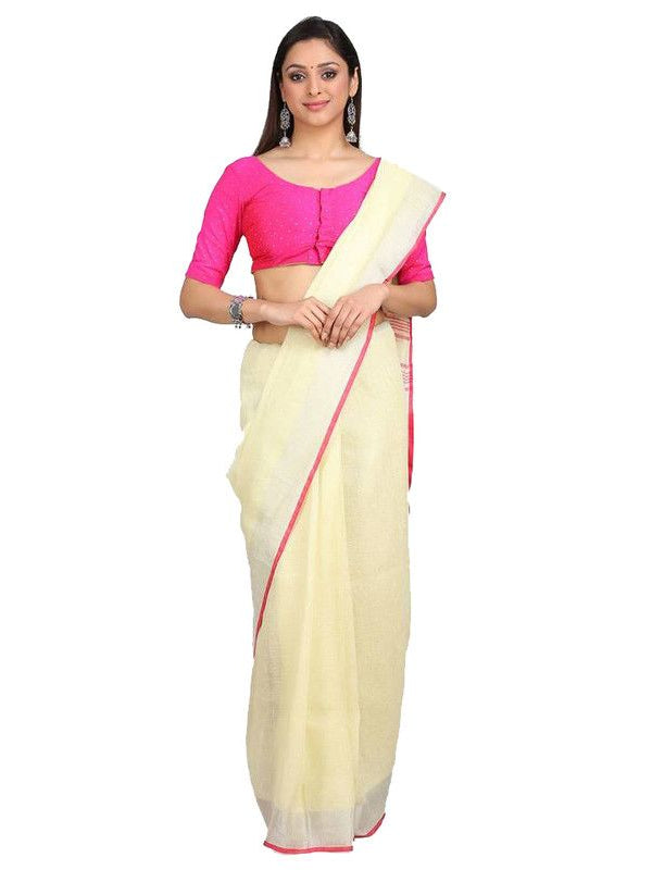 Handloom Linen Cotton Blend Contrast Pallu Bhagalpuri Saree for Women (Creame-Pink) - View 2