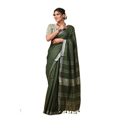 Linen Cotton Blend Handloom Bhagalpuri Saree with Zari Border (12792 Keplie_Green ) - View 3