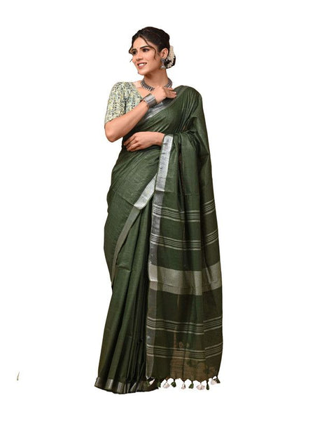 Linen Cotton Blend Handloom Bhagalpuri Saree with Zari Border (12792 Keplie_Green ) - View 3