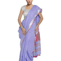 Tropical Indigo-Pink women's Bhagalpuri Handloom Cotton Linen Blend Contrast Pallu Saree And Unstitched Contrast Blouse Piece