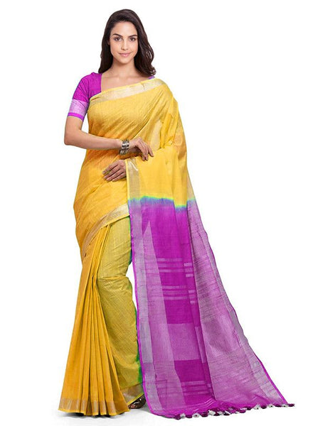 Handloom Bhagalpuri Cotton Slub Blend Two Dye Saree With Running Unstitched Blouse Piece