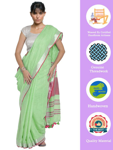 Light Green-Pink women's Bhagalpuri Handloom Cotton Linen Blend Contrast Pallu Saree And Unstitched Contrast Blouse Piece - View 2