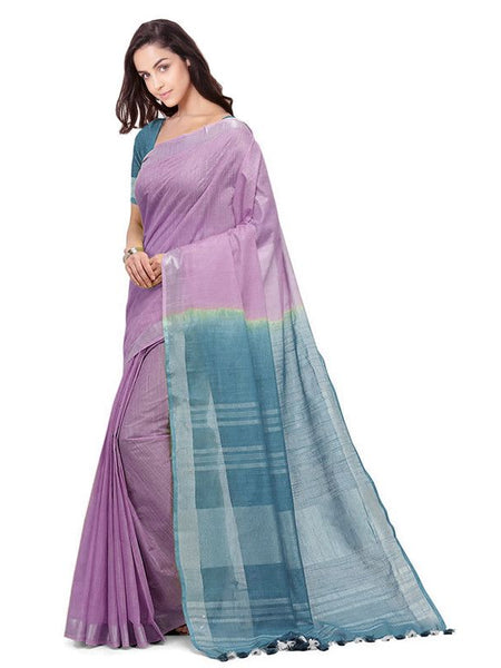 Mauve Purple & Cerulean Blue women's Bhagalpuri Handloom Linen Cotton Blend Two Dye Saree With Running Unstitched Blouse Piece