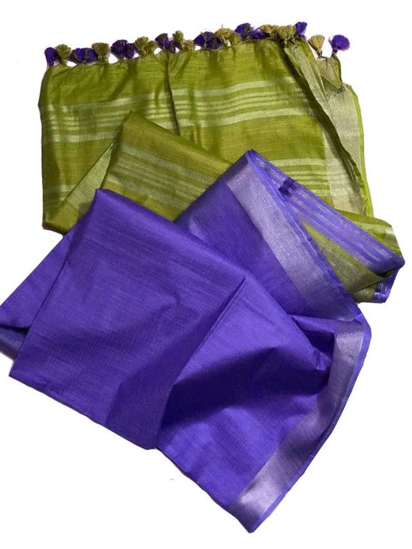 Apple Green & Slate Blue women's Ethnic Wear Bhagalpuri Handloom Cotton Linen Blend Two Dye Saree With Running Unstitched Blouse Piece - View 3