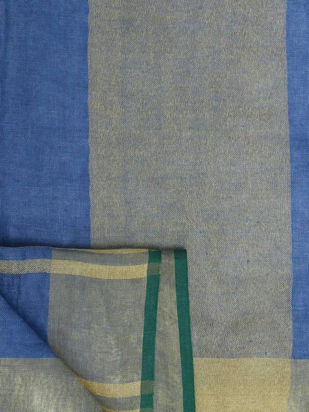 Linen Cotton Blend Contrast Handloom Bhagalpuri Saree for Women (Gold-Cove_Blue-Dark Green ) - View 2