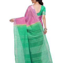 Flamingo Pink & Aquamarine Turquoise women's Bhagalpuri Handloom Linen Slub Blend Two Dye Saree With Running Unstitched Blouse Piece - View 4