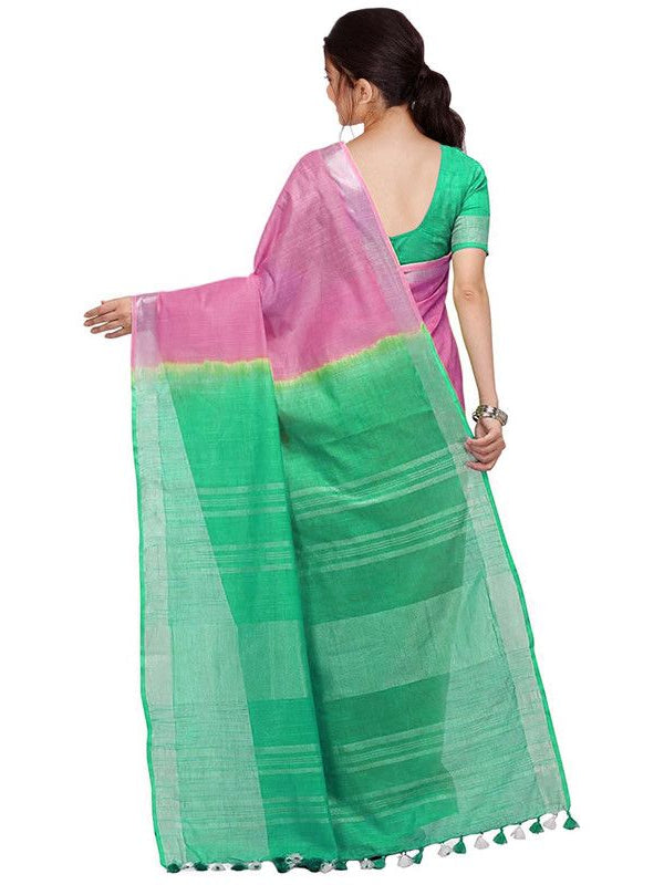 Flamingo Pink & Aquamarine Turquoise women's Bhagalpuri Handloom Linen Slub Blend Two Dye Saree With Running Unstitched Blouse Piece - View 4