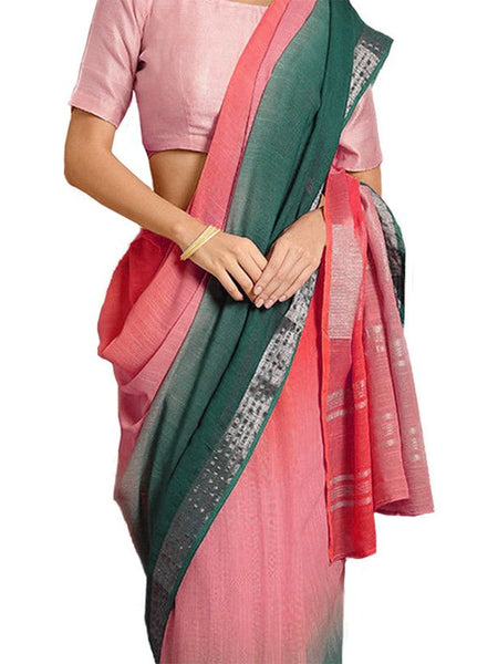 Coral Pink & Pine Green women's Bhagalpuri Handloom Linen Cotton Blend Two Dye Saree With Running Unstitched Blouse Piece - View 2