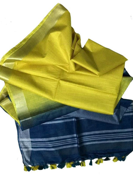 Prusian Blue & Lemon Yellow women's Bhagalpuri Ethnic Wear Handloom Cotton Linen Slub Blend Zari Border Two Dye Saree With Running Unstitched Blouse Piece