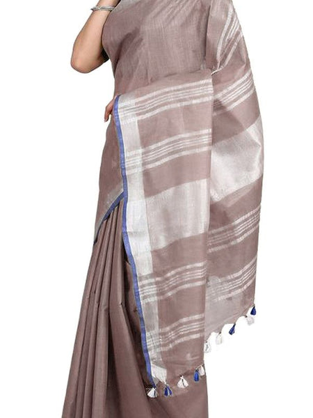 Liver Brown women's Bhagalpuri Handloom Linen-Slub Saree With Contrast Blouse Piece - View 4