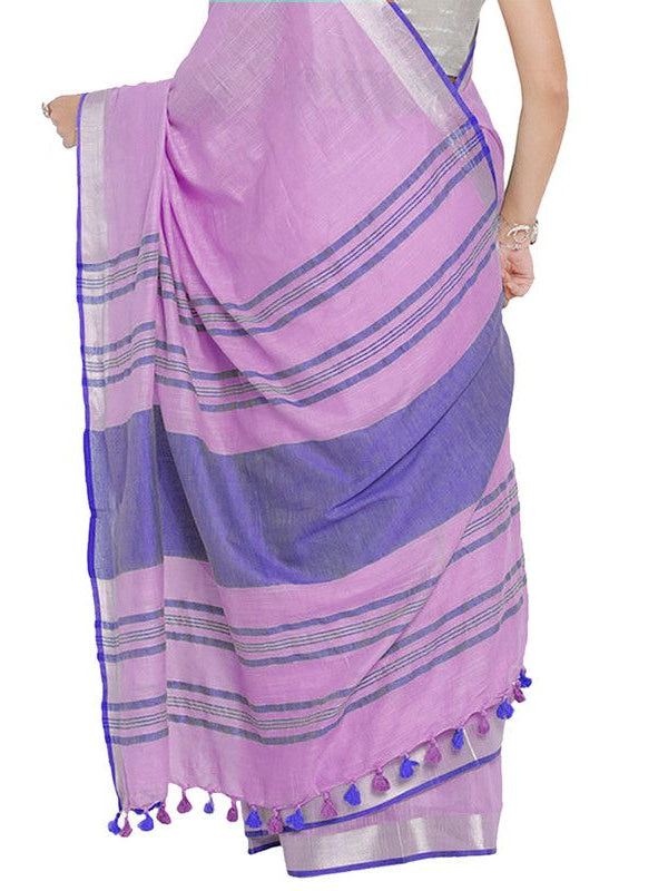 Lavender Pink-Blue women's Bhagalpuri Handloom Cotton Linen Blend Contrast Pallu Saree And Unstitched Contrast Blouse Piece - View 5