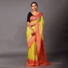 Striped Handloom Semi Tussar Silk Bhagalpuri Two Dye Saree (Wallte_Yellow & Jaffy_Orange)