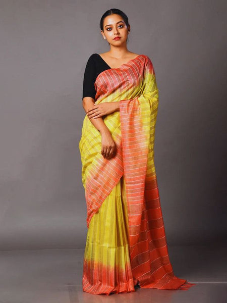Striped Handloom Semi Tussar Silk Bhagalpuri Two Dye Saree (Wallte_Yellow & Jaffy_Orange)