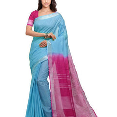 Argentinian Blue & Raspberry Pink women's Handloom Bhagalpuri Linen Blend Two Dye Saree With Running Unstitched Blouse Piece
