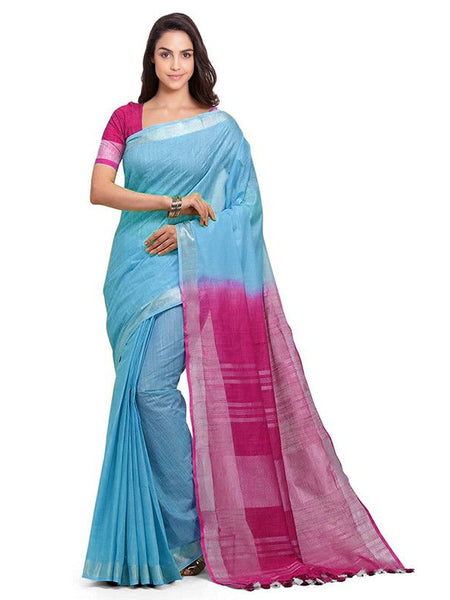 Argentinian Blue & Raspberry Pink women's Handloom Bhagalpuri Linen Blend Two Dye Saree With Running Unstitched Blouse Piece