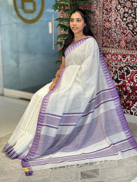 Purple women's Bhagalpuri Kota Viscous Temple Border White Saree And Variable Color Border With Blouse Piece - View 2