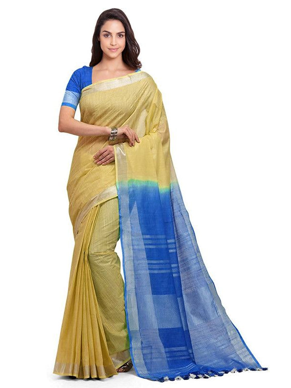 Jasmine Tan & Azure Cyan women's Bhagalpuri Handloom Ethnic Wear Linen Two Dye Saree With Running Unstitched Blouse Piece