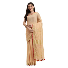 Linen Cotton Blend Contrast Handloom Bhagalpuri Saree for Women (Gold-Calico_Beige-Red)