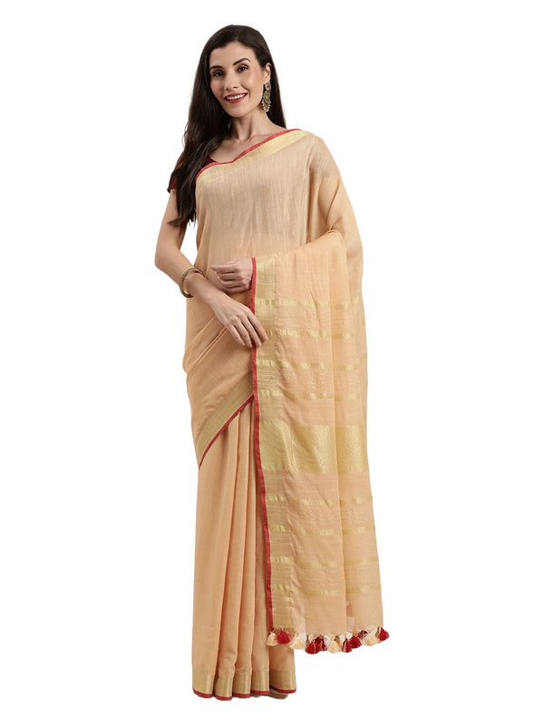 Linen Cotton Blend Contrast Handloom Bhagalpuri Saree for Women (Gold-Calico_Beige-Red)