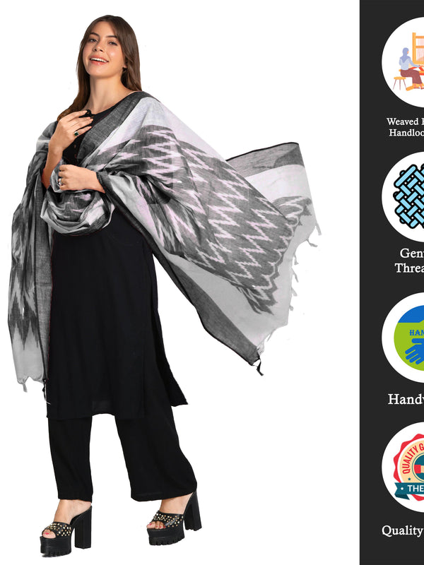 Linen Cotton Blend Handloom Ikkat Bhagalpuri Dupatta (Black) - View 2
